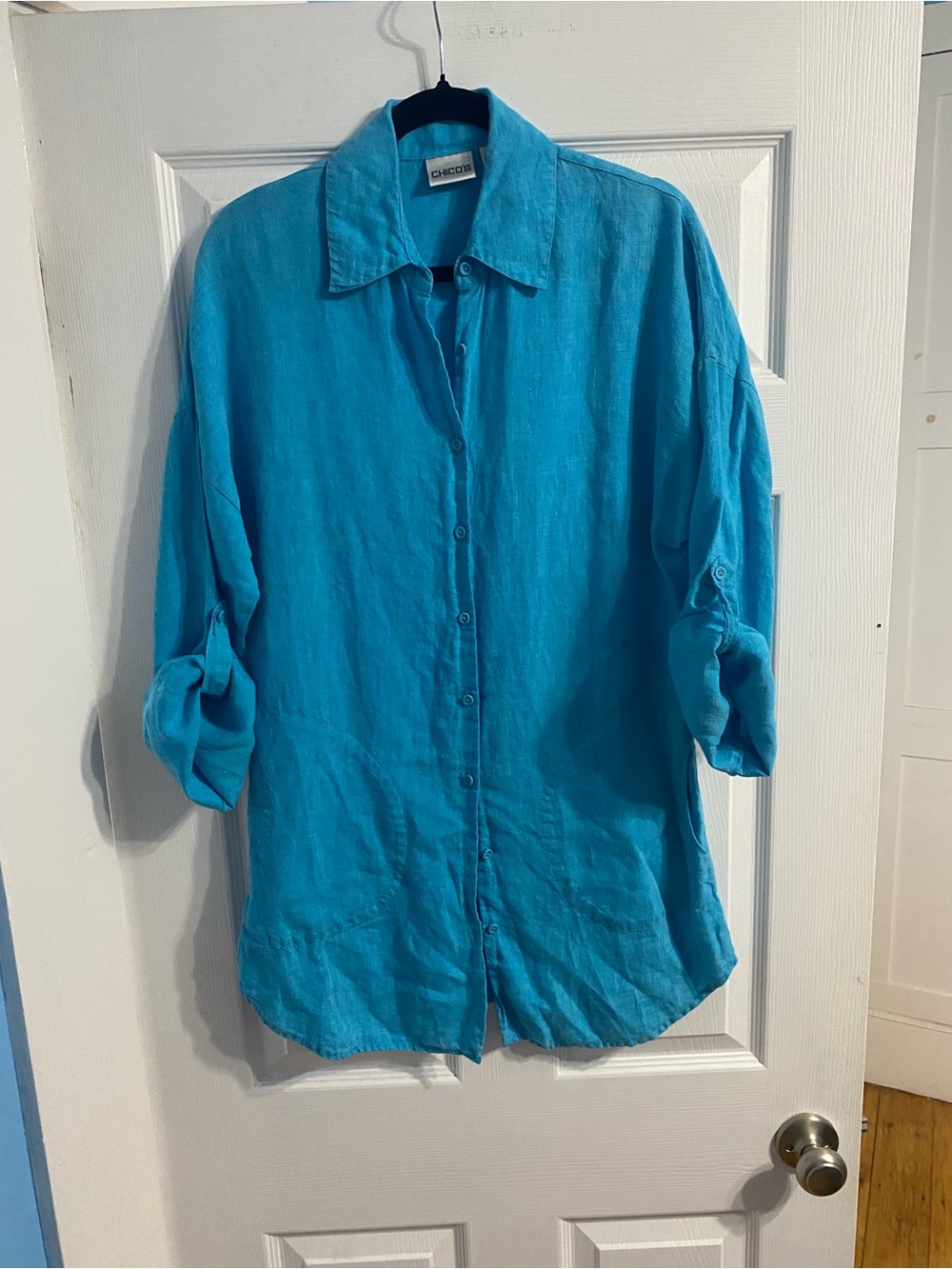 Chicos Turquoise Button-Down Women’s Linen Shirt size 0 in great condition